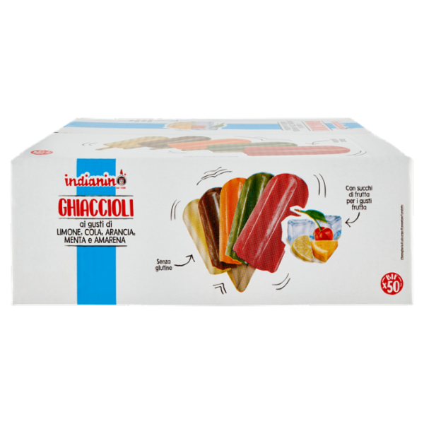 indianino Ghiaccioli ai gusti di Limone, Cola, Arancia, Menta e Amarena 50 x 75 g