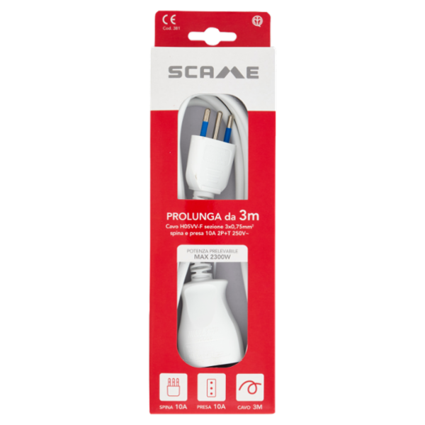 Scame Prolunga da 3m Cavo H05VV-F sezione 3x0,75mm² spina e presa 10A 2P+T 250V