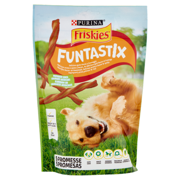 PURINA FRISKIES Funtastix Snack cane al gusto di Bacon e Formaggio busta 175 g