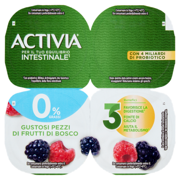 ACTIVIA Yogurt con Probiotico Bifidus, 0% Grassi, gusto Frutti di Bosco, 4x125g