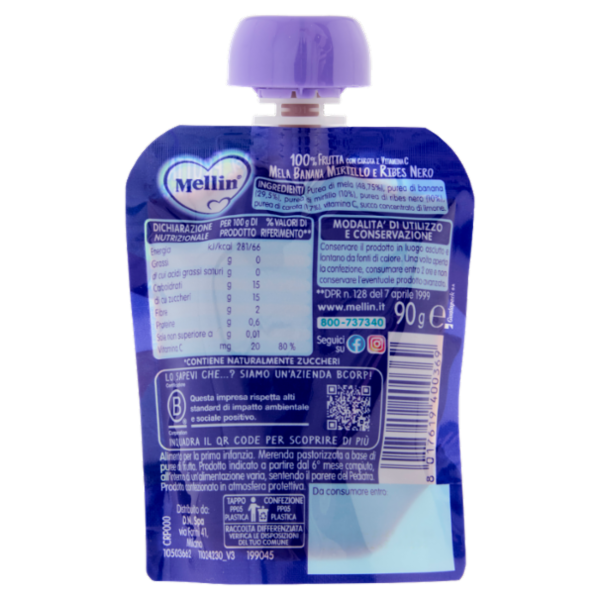 MELLIN Merenda di Frutta 100% con Carota, Mirtillo e Ribes Nero, dal 6° mese, Pouch 90 g