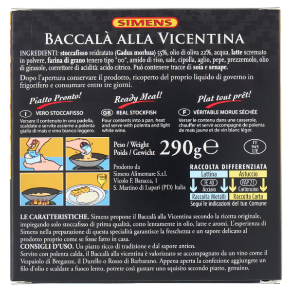 Simens Baccalà alla Vicentina con Olio di Oliva 290 g