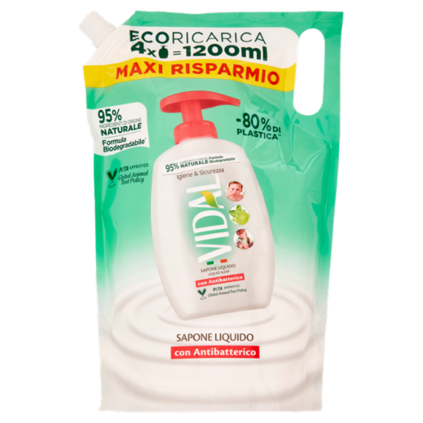 Vidal Igiene & Sicurezza Sapone Liquido con Antibatterico Ecoricarica 1200 ml