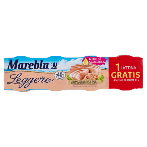Mareblu Leggero Tonno con un Filo di Olio Extra Vergine di Oliva (6,6%) 4 x 60 g