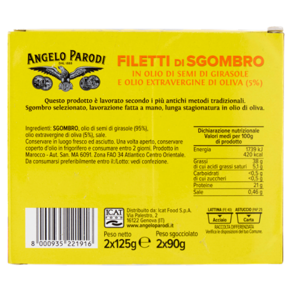 Angelo Parodi Filetti di Sgombro in Olio di Semi di Girasole e Olio Extravergine di Oliva 2 x 125 g