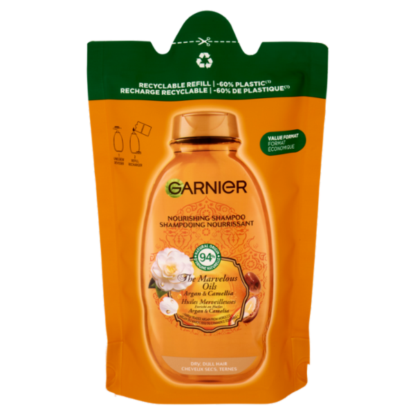 Garnier Ultra Oli Meravigliosi Argan & Camelia, Eco-ricarica Shampoo Nutriente Capelli Secchi, 250ml