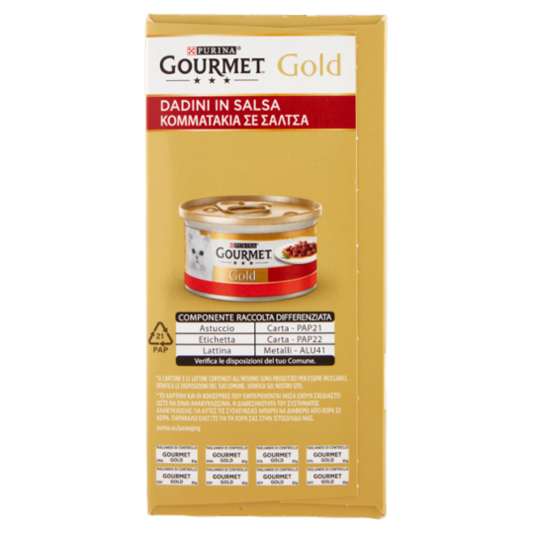 PURINA GOURMET Gold Dadini in Salsa Manzo/Salmone & Pollo/Tacchino & Anatra/Pollo & Fegato 8 x 85 g
