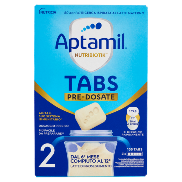 APTAMIL Nutribiotik Tabs 2,Latte di proseguimento in Tabs, dal 6° mese compiuto al 12°, 21 bustine