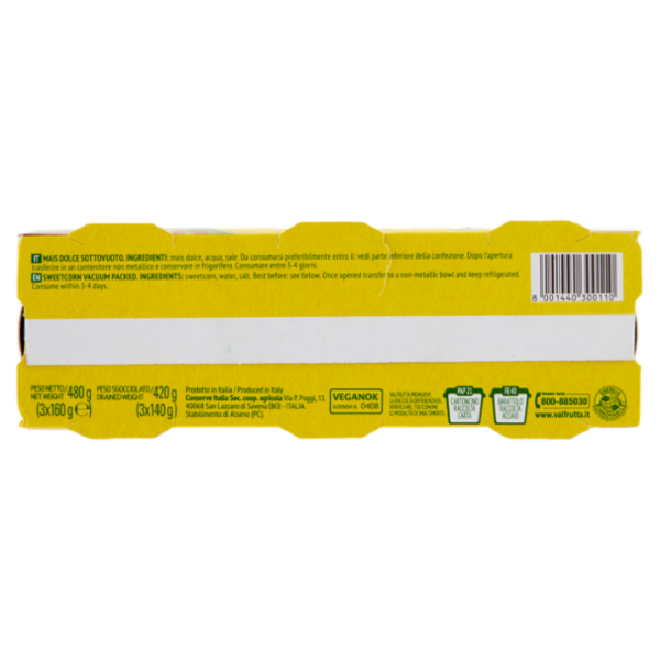 Valfrutta Mais italiano Cotto a vapore 3 x 160 g
