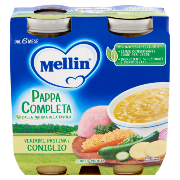 MELLIN Pappa Completa, Pastina Verdure Coniglio, dal 6° mese, 2x250g