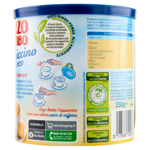 Orzo Bimbo, Cappuccino d'orzo, Preparato Solubile, con orzo italiano - 150 g