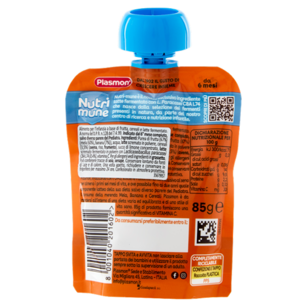 Plasmon il Frullato Nutri mune Mela, Banana, Cereali 85 g