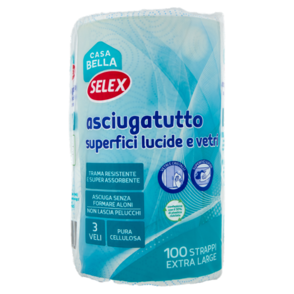 Selex Casa Bella Asciugatutto 3 Veli per Superfici Lucide e Vetri Bobina 100 Strappi