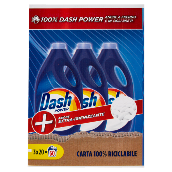 Dash Power Detersivo Liquido Lavatrice, Azione Extra-Igienizzante, 3x20=60 Lavaggi 3x1000ml
