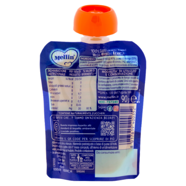 MELLIN Merenda di Frutta 100% con Carota, Arancia e Mango, a partire dal 6° mese, Pouch 90 g