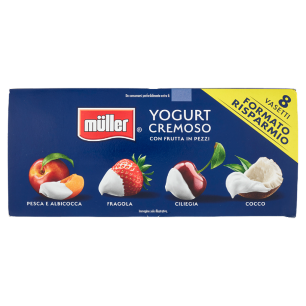müller Yogurt Cremoso con Frutta in Pezzi Pesca e Albicocca, Fragola, Ciliegia, Cocco 8 x 125 g