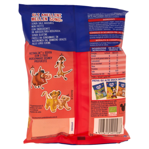 MELLIN Merenda Biologica Re Leone Simba, Anellini con Pomod, Zucca e Carota, adatto dai 12 mesi,15g