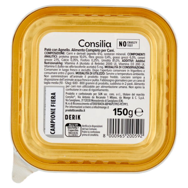 Consilia Derik Paté per Cane con Agnello 150 g