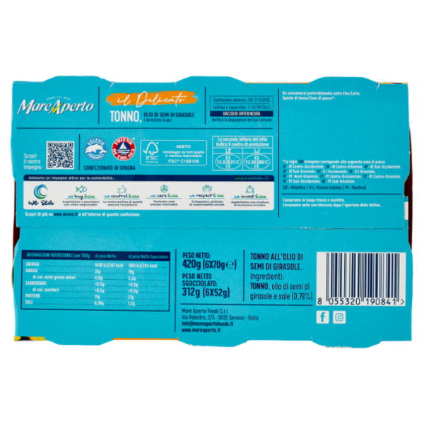 Mare Aperto il Delicato Tonno, Olio di Semi di Girasole e un Pizzico di Sale 6 x 70 g