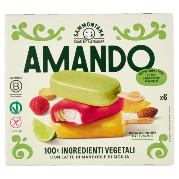 Sammontana Amando 6 Stecchi Gelato alla Vaniglia Variegato Lime e Zenzero Lime,Lampone,Mango 6x55g