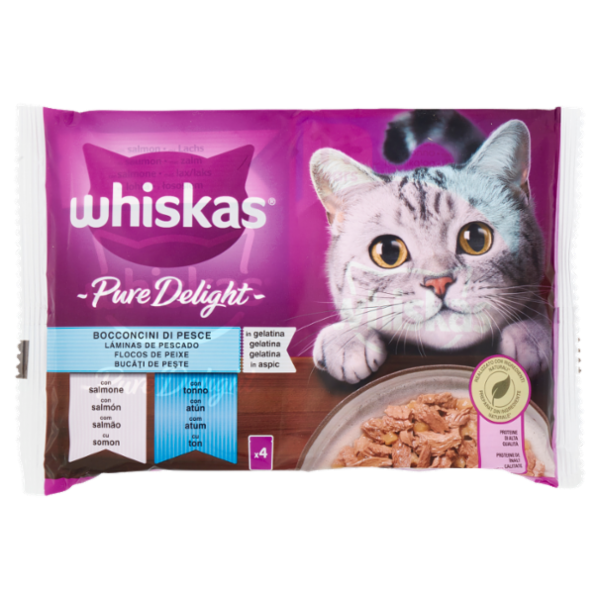 Whiskas Pure Delight Cibo Umido Gatto Bocconcini di Pesce in Gelatina con Salmone e Tonno 4 x 85 g