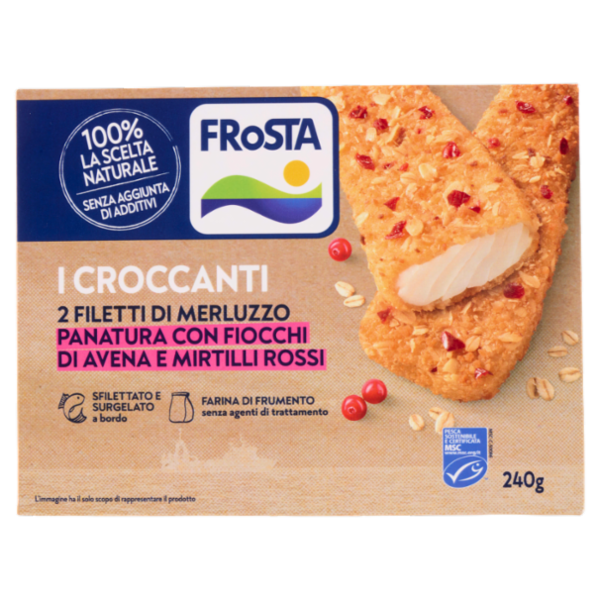 FRoSTA i Croccanti 2 Filetti di Merluzzo Panatura con Fiocchi di Avena e Mirtilli Rossi 240 g