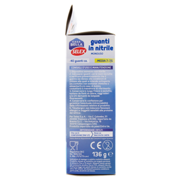 Selex Casa Bella Guanti Monouso in Nitrile Misura Media (7-7,5) Dispenser 40 pezzi