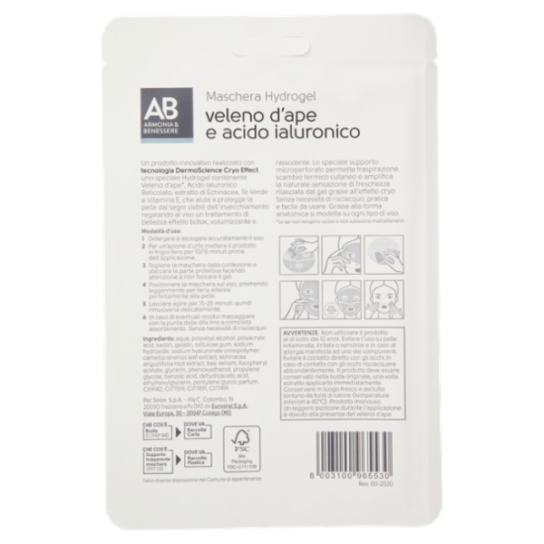 Armonia & Benessere Maschera Viso Hydrogel con Veleno D'Ape e Acido Ialuronico