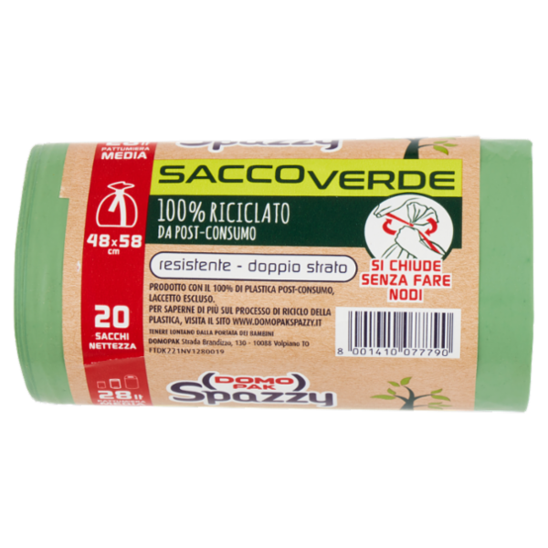 Domopak Spazzy Sacco Verde 100% Riciclato da Post-Consumo 28 lt 48x58 cm 20 pz
