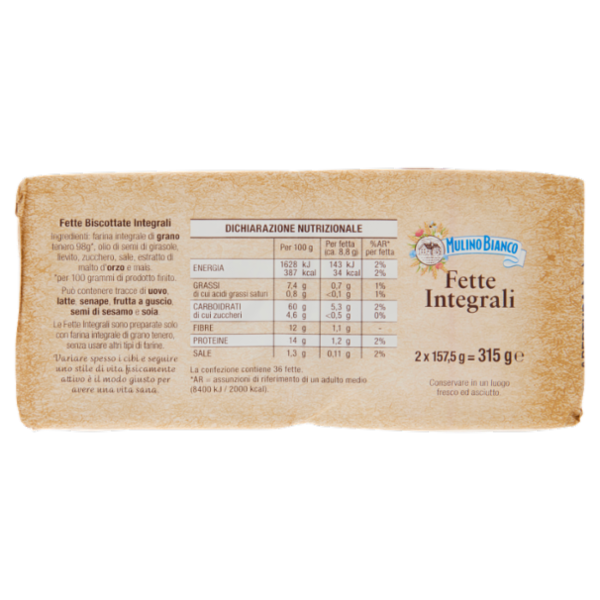 Mulino Bianco Fette Biscottate Integrali Ricche di Fibre 315g