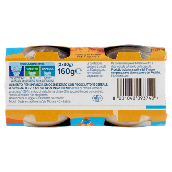 nipiol prosciutto* omogeneizzato con carne e cereale 2 x 80 g