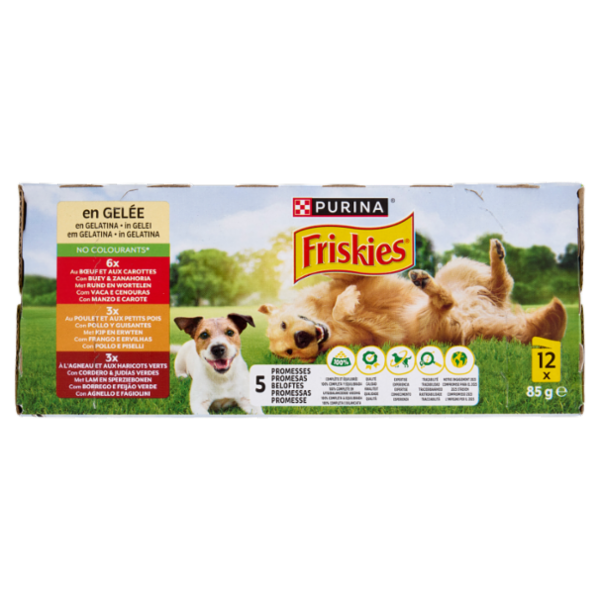 PURINA FRISKIES In Gelatina Con Manzo e Carote, Pollo e Piselli, Agnello e Fagiolini 12 x 85 g