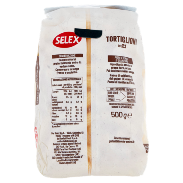 Selex Pasta di Semola Trafilata al Bronzo Tortiglioni 500 g