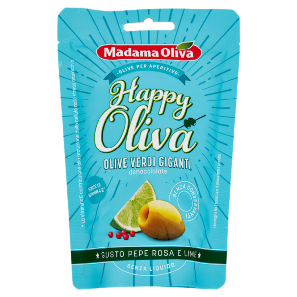 Madama Oliva Happy Oliva Olive Verdi Giganti denocciolate Gusto Pepe Rosa e Lime 80 g