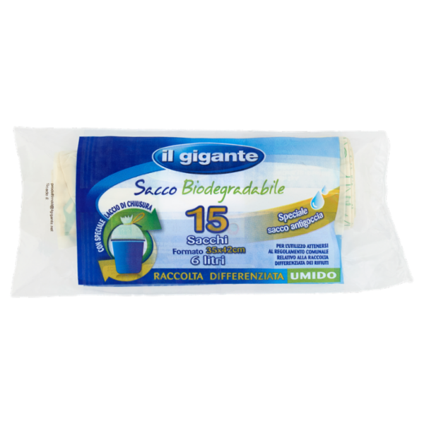 IL GIGANTE Sacco Biodegradabile Formato 35x42cm 6 litri Raccolta Differenziata Umido 15 pz