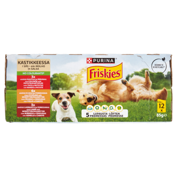 PURINA FRISKIES In Salsa Con Manzo e Patate, Pollo e Carote, Agnello e Carote 12 x 85 g