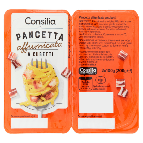 Consilia Pancetta Affumicata a Cubetti in Confezioni Salvafreschezza 2x100 g