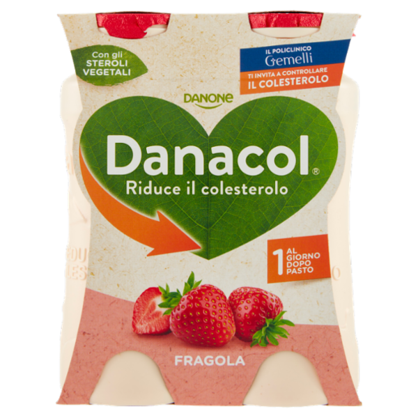 DANACOL Yogurt da bere, Riduce il Colesterolo grazie agli Steroli Vegetali, gusto Fragola, 4x100g