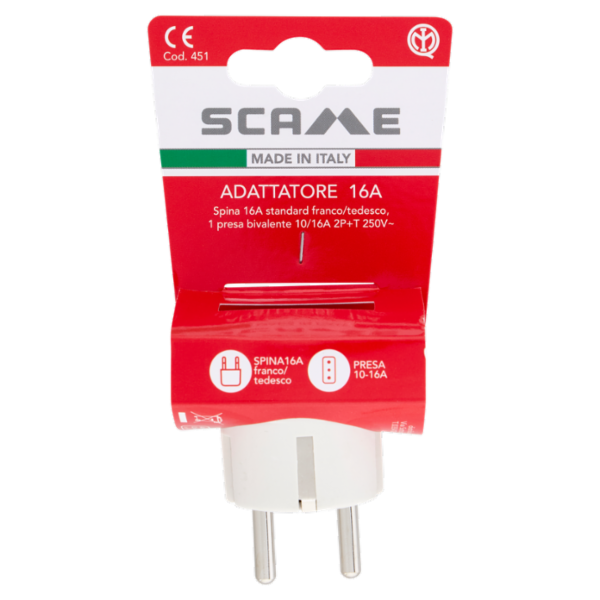 Scame Adattatore 16A Spina 16A standard franco/tedesco, 1 presa bivalente 10/16A, 2P+T 250V