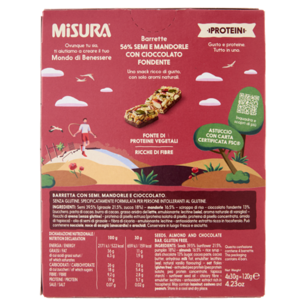Misura Protein Barrette 56% Semi e Mandorle con Cioccolato Fondente 4 x 30 g