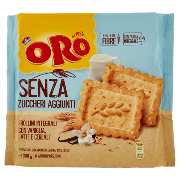 Oro Saiwa biscotti integrali con vaniglia, latte e cereali Senza Zuccheri aggiunti - 300 g