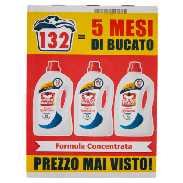 Omino Bianco Detersivo Lavatrice Liquido Igienizzante 3 x 44 Lavaggi 3 x 1760 ml