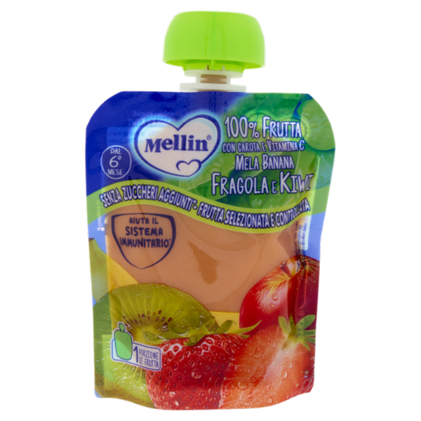 MELLIN Merenda di Frutta 100% con Carota e Vitamina C, Fragola e Kiwi, dal 6° mese, Pouch 90 g