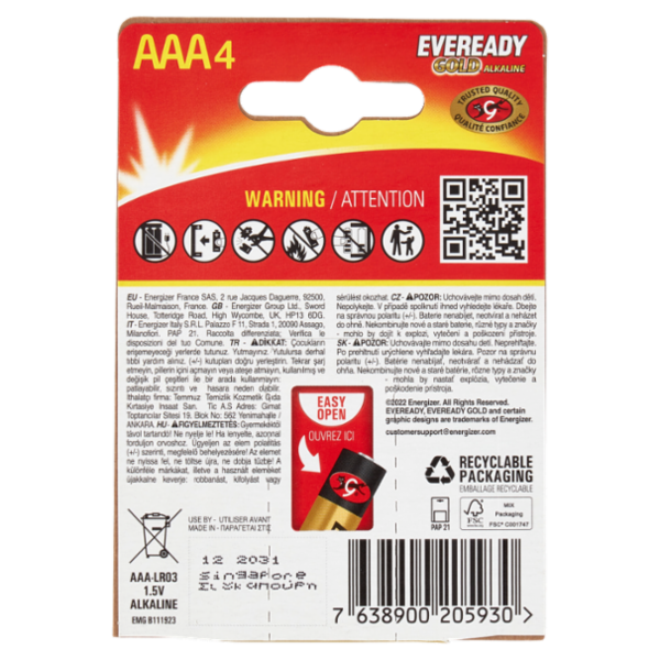 Eveready Gold Alkaline AAA 4 pz