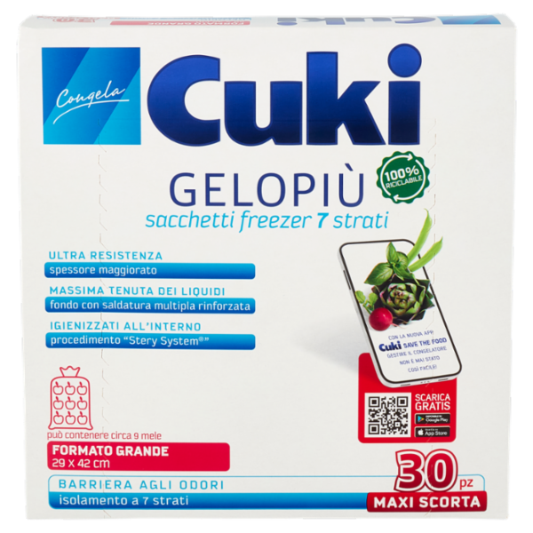 Cuki Congela Gelopiù sacchetti freezer 7 strati Formato Grande 29 x 42 cm 30 pz