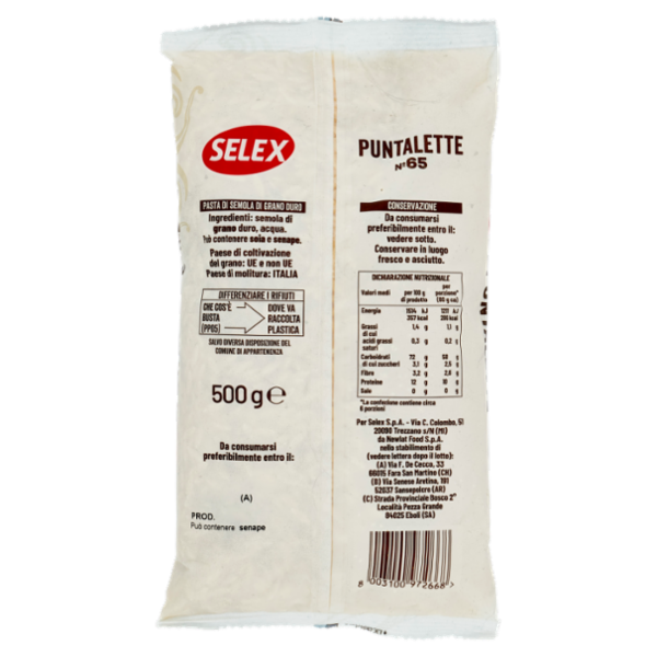 Selex Pasta di Semola Trafilata al Bronzo Puntalette 500 g
