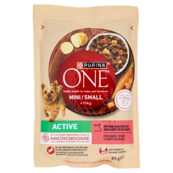 PURINA ONE Mini/Small Active con Manzo, Patate e Carote in Salsa 85 g