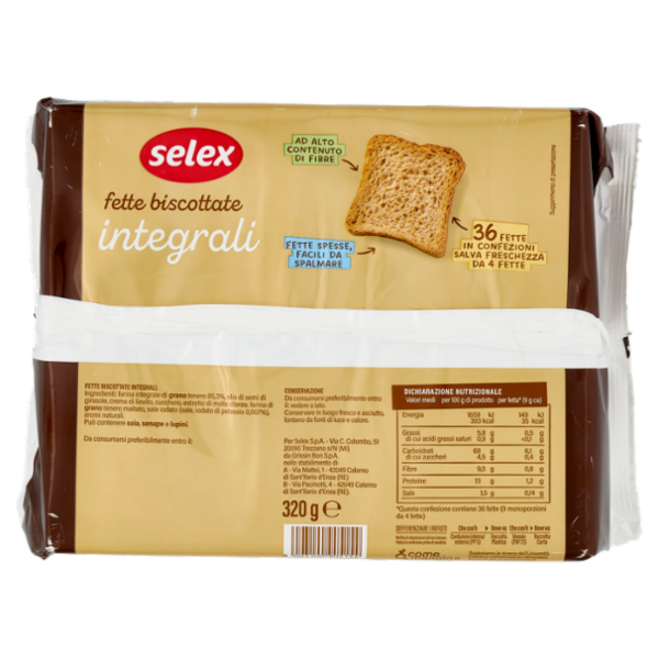 Selex Fette Biscottate con Farina di Frumento Integrale in Confez. Salvafreschezza 9x4 fette 320 g