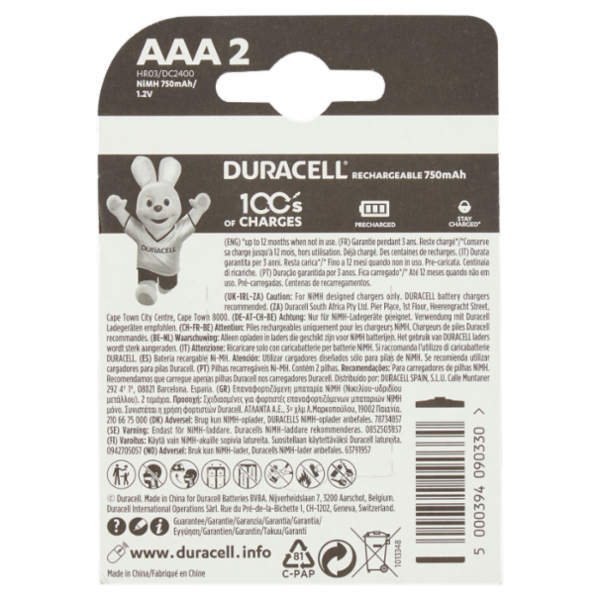 Duracell Rechargeable AAA 750mAh Batterie Ministilo Ricaricabili confezione da 2