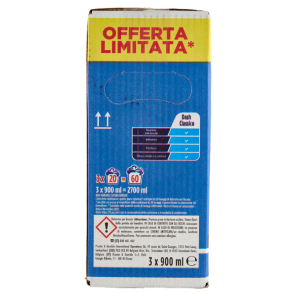 Dash Detersivo Liquido Lavatrice, Classico, 3x20=60 Lavaggi 3x900ml